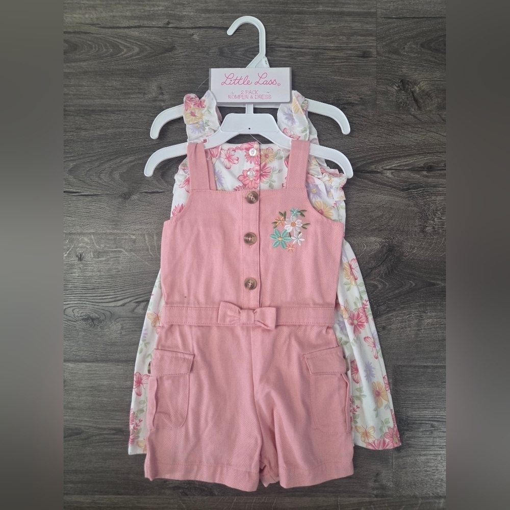 Little Lass Pink Floral Girls Dress & Romper Set Size 2t NWT